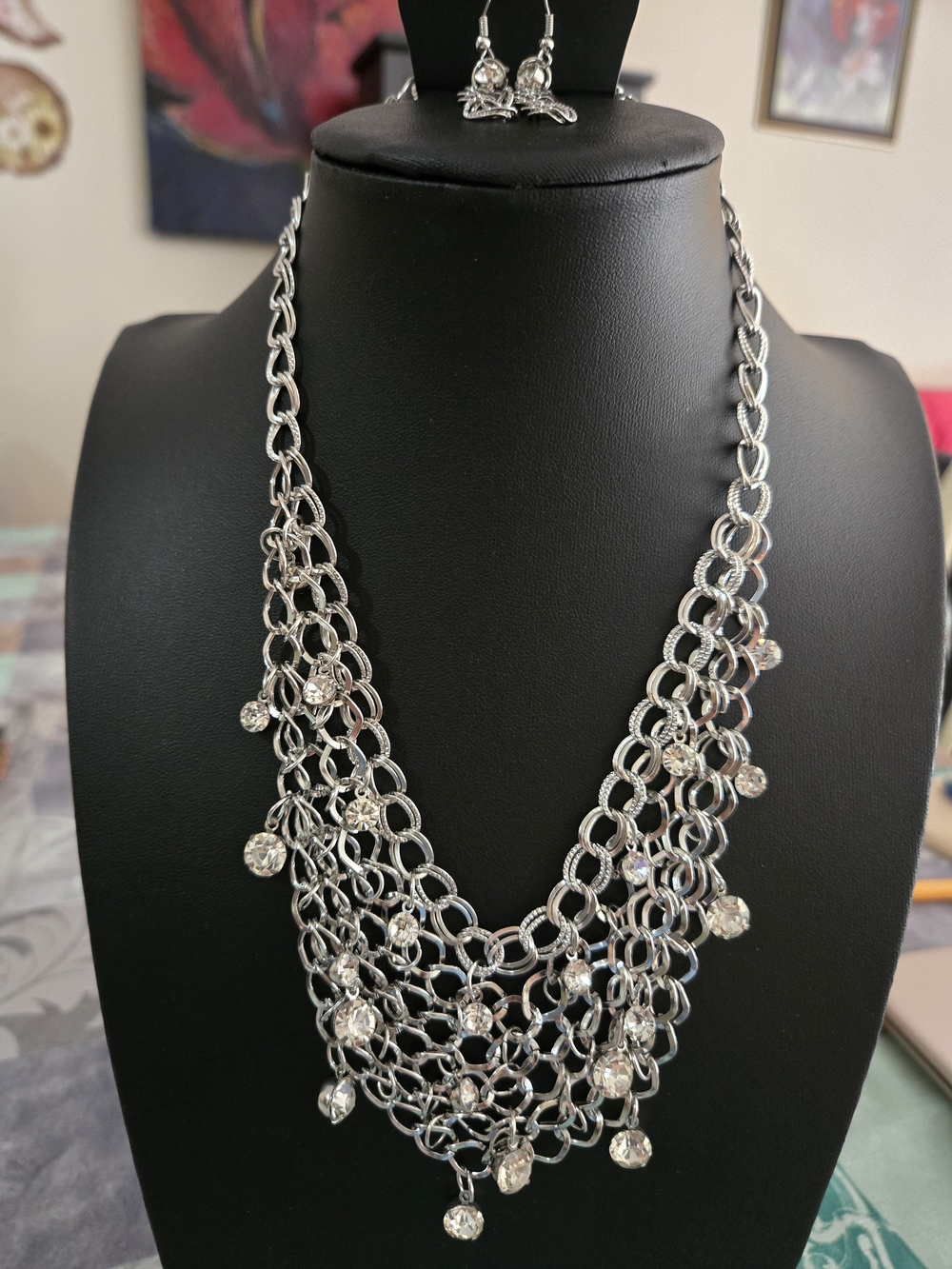Silver Multi-Row Crystal Statement Necklace and Earrings Set